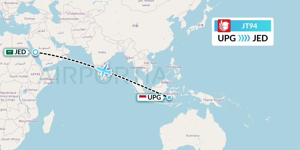 JT94 Lion Airlines Flight Map: Makassar to Jeddah