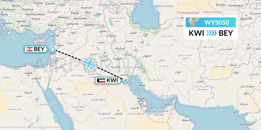 WY5050 Oman Air Flight Map: Kuwait City to Beirut