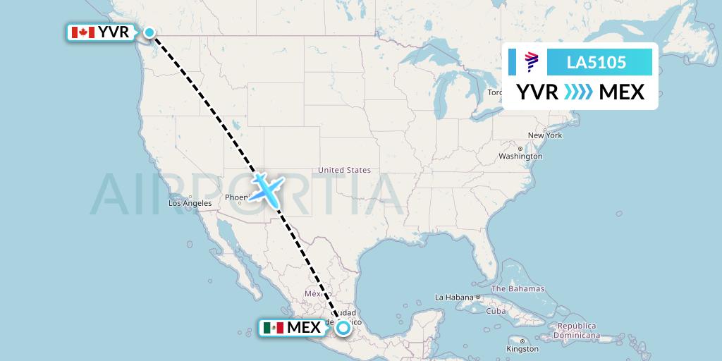 LA5105 LAN Airlines Flight Map: Vancouver to Mexico City