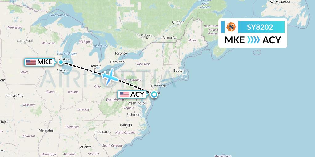 SY8202 Sun Country Airlines Flight Map: Milwaukee to Atlantic City