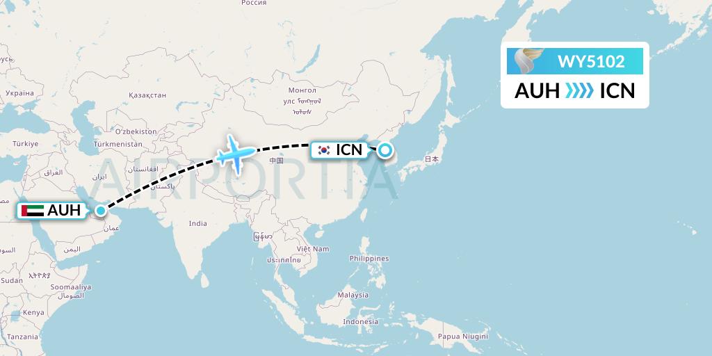 WY5102 Oman Air Flight Map: Abu Dhabi to Seoul