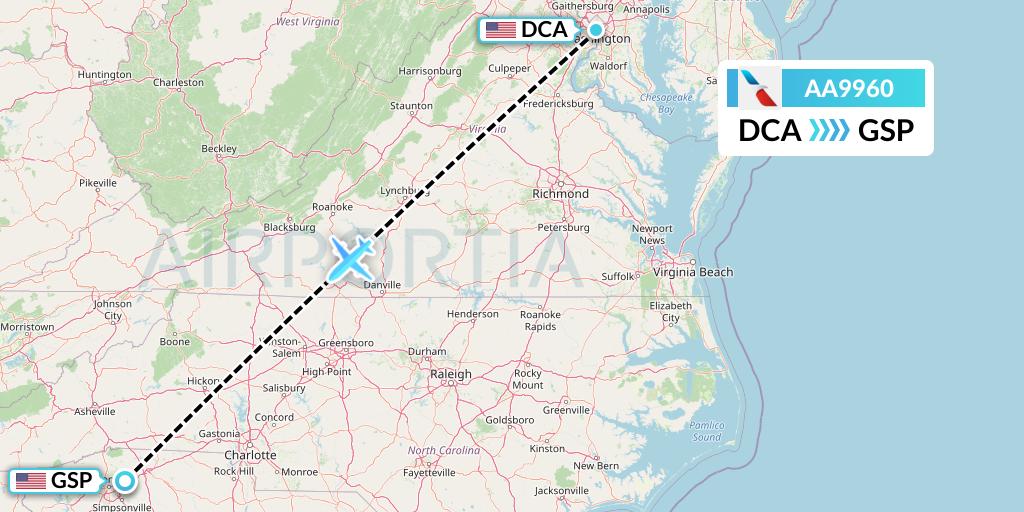 AA9960 American Airlines Flight Map: Washington to Greenville-Spartanburg