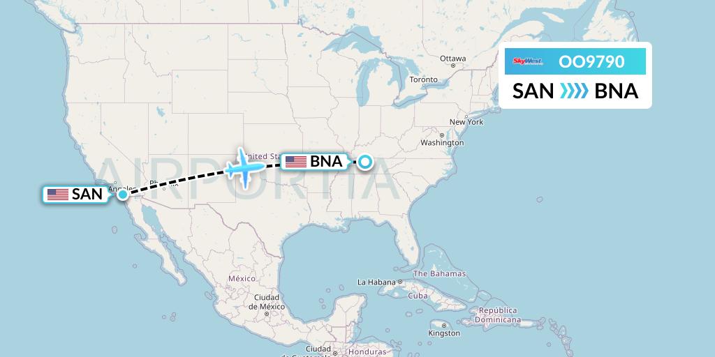 OO9790 SkyWest Airlines Flight Map: San Diego to Nashville