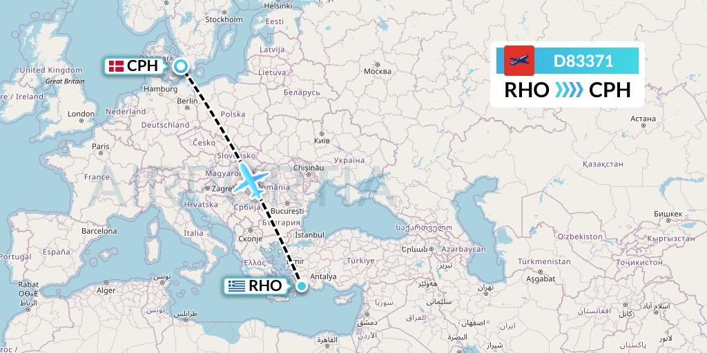 D83371 Norwegian Air International Flight Map: Rhodes to Copenhagen