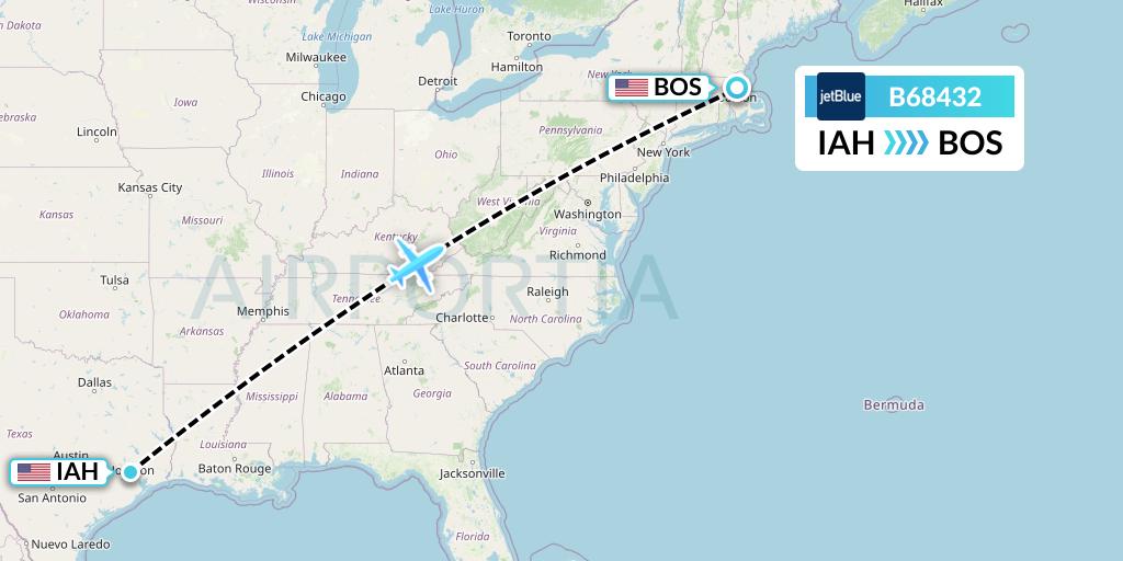 B68432 JetBlue Airways Flight Map: Houston to Boston