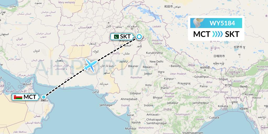 WY5184 Oman Air Flight Map: Muscat to Sialkot