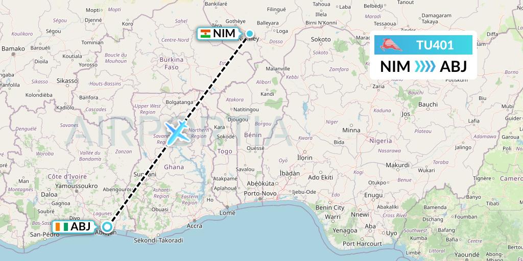 TU401 Tunisair Flight Map: Niamey to Abidjan