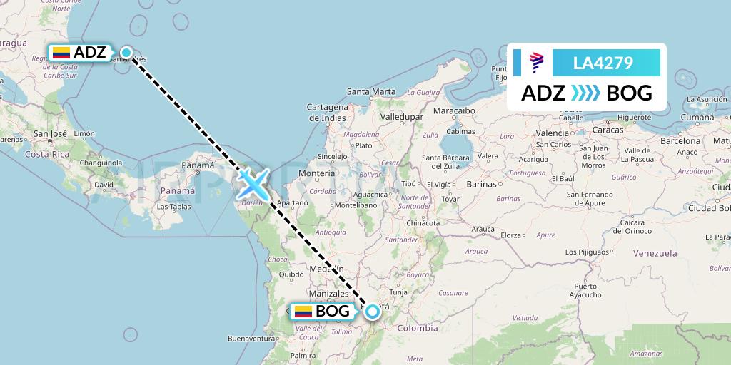LA4279 LAN Airlines Flight Map: San Andres Island to Bogota