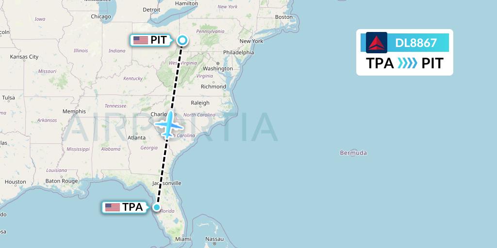 DL8867 Delta Air Lines Flight Map: Tampa to Pittsburgh
