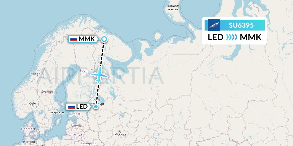 SU6395 Aeroflot Flight Map: St. Petersburg to Murmansk