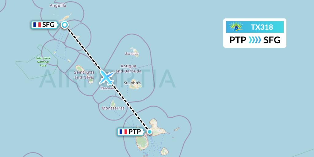 TX318 Air Caraibes Flight Map: Pointe-a-Pitre to Sint Maarten