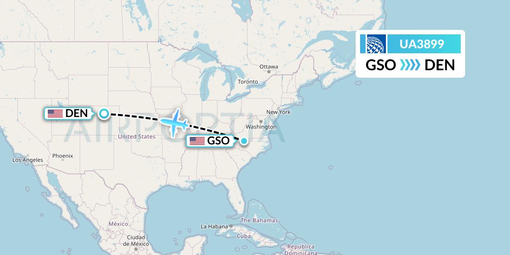 UA3899 United Airlines Flight Map: Greensboro to Denver