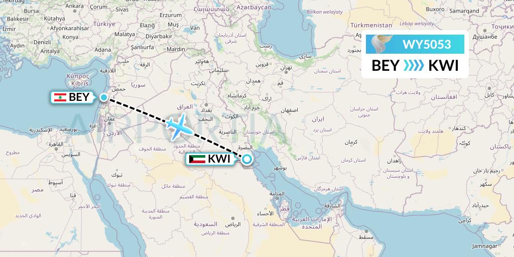 WY5053 Oman Air Flight Map: Beirut to Kuwait City