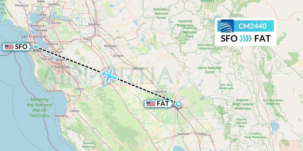 CM2440 Copa Airlines Flight Map: San Francisco to Fresno