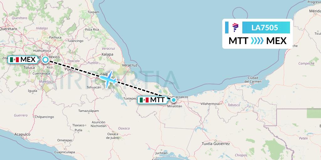 LA7505 LAN Airlines Flight Map: Minatitlan to Mexico City