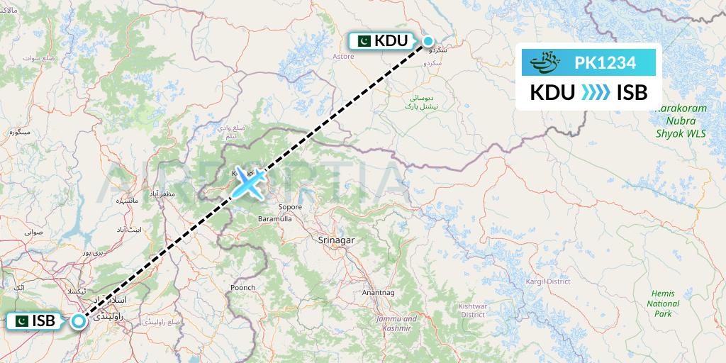 PK1234 Pakistan International Airlines Flight Map: Skardu to Islamabad
