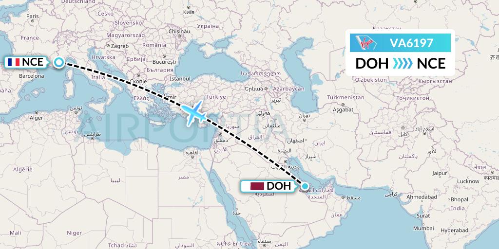 VA6197 Virgin Australia Flight Map: Doha to Nice