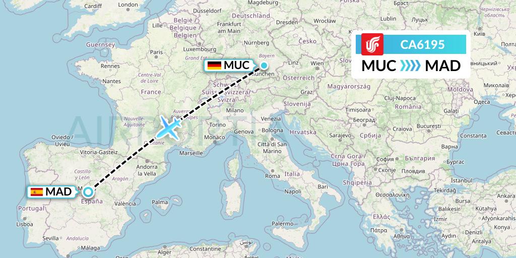 CA6195 Air China Flight Map: Munich to Madrid
