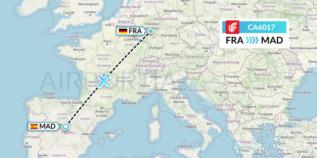 CA6017 Air China Flight Map: Frankfurt to Madrid