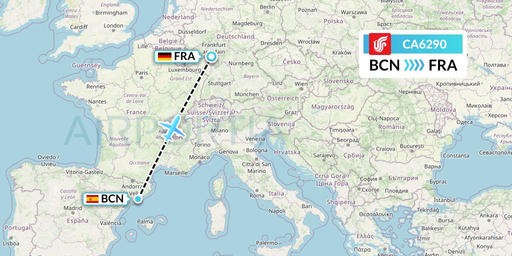 CA6290 Air China Flight Map: Barcelona to Frankfurt