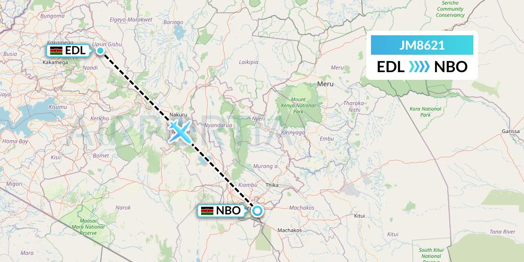 JM8621 Jambojet Limited Flight Map: Eldoret to Nairobi