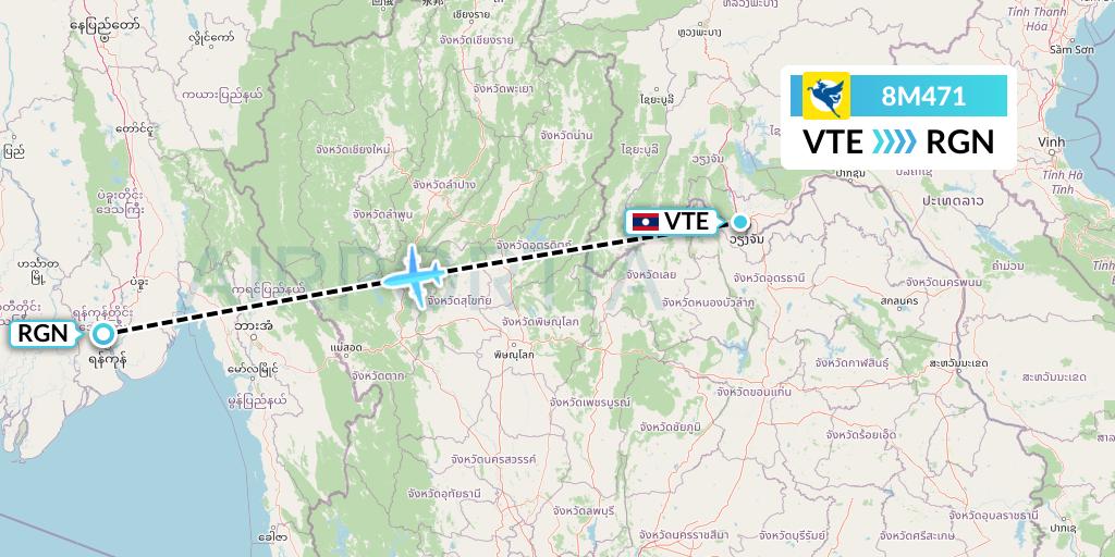 8M471 Myanmar Airways International Flight Map: Vientiane to Yangon