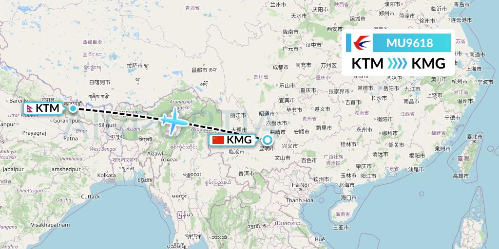 MU9618 China Eastern Airlines Flight Map: Kathmandu to Kunming