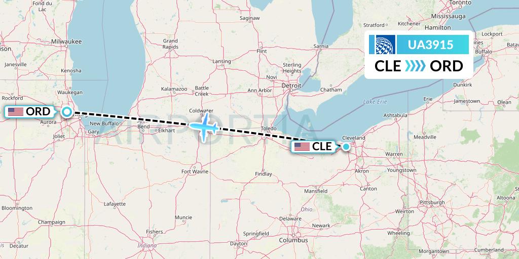 UA3915 United Airlines Flight Map: Cleveland to Chicago