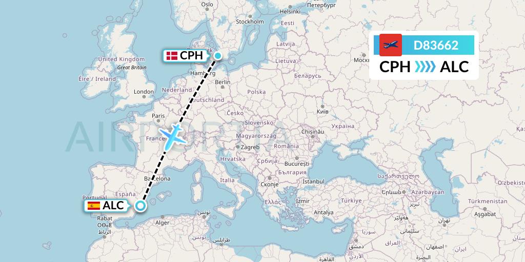D83662 Norwegian Air International Flight Map: Copenhagen to Alicante