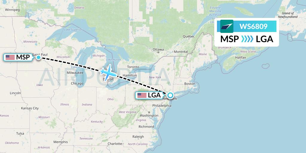 WS6809 WestJet Flight Map: Minneapolis to New York