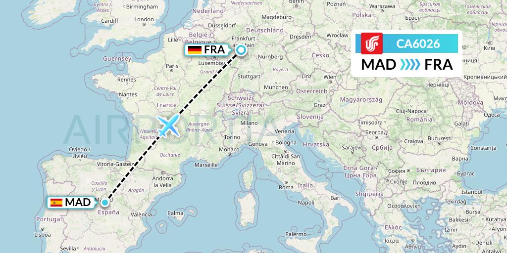 CA6026 Air China Flight Map: Madrid to Frankfurt
