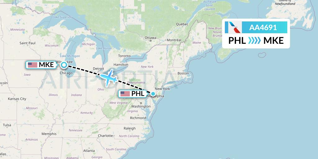 AA4691 American Airlines Flight Map: Philadelphia to Milwaukee