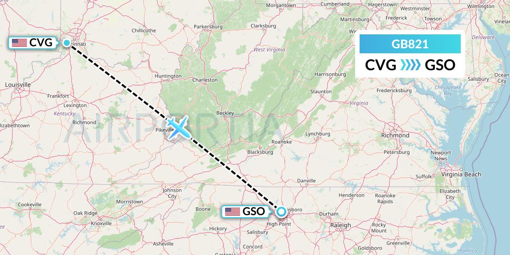 GB821 ABX Air Flight Map: Cincinnati to Greensboro