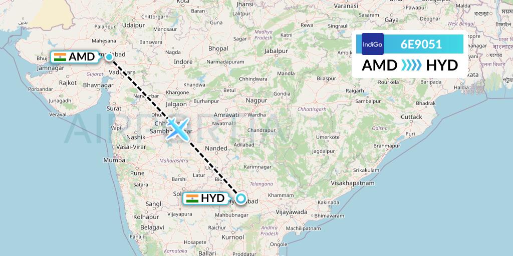 6E9051 IndiGo Airlines Flight Map: Ahmedabad to Hyderabad