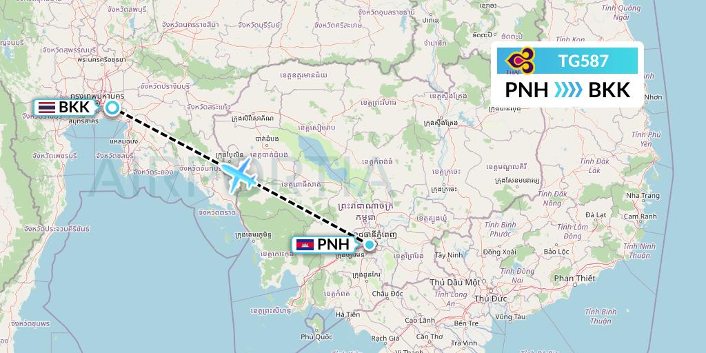 TG587 Thai Airways Flight Map: Phnom Penh to Bangkok