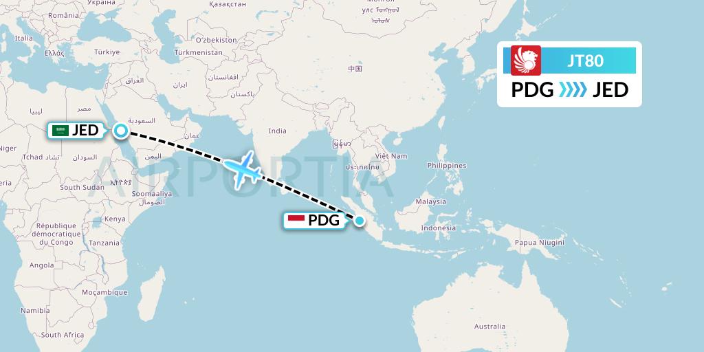 JT80 Lion Airlines Flight Map: Padang to Jeddah