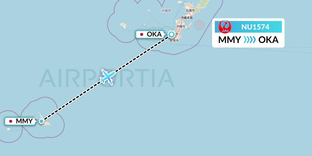 NU1574 Japan Transocean Air Flight Map: Miyako to Naha
