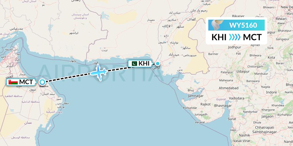 WY5160 Oman Air Flight Map: Karachi to Muscat