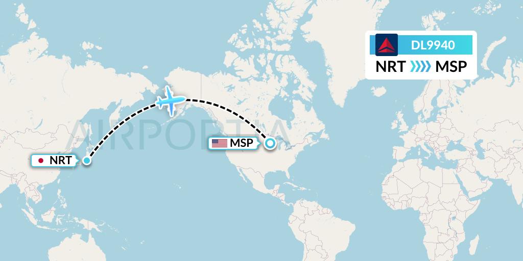DL9940 Delta Air Lines Flight Map: Tokyo to Minneapolis