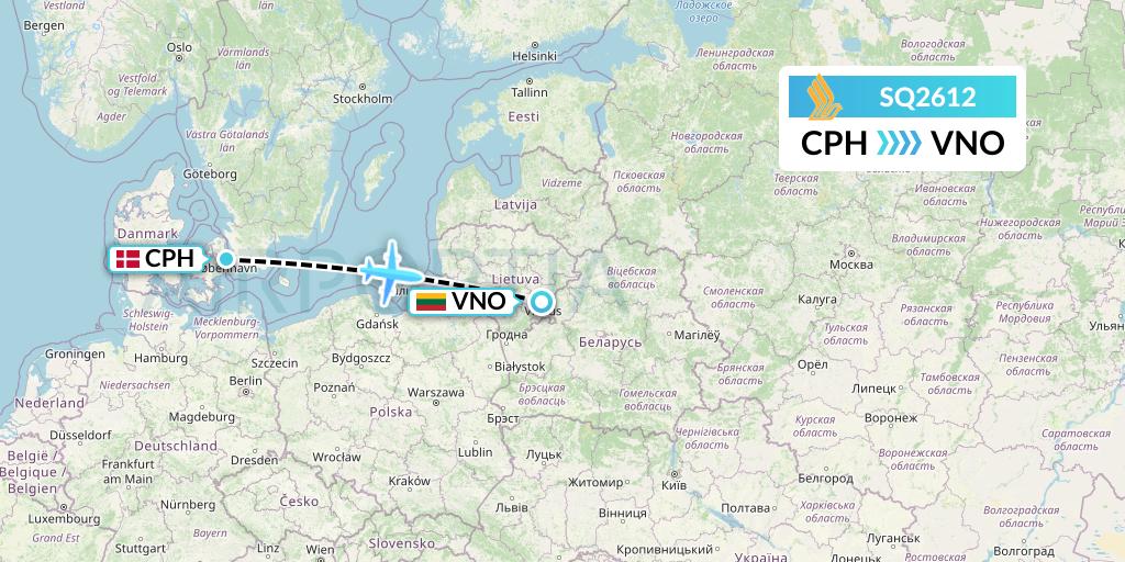 SQ2612 Singapore Airlines Flight Map: Copenhagen to Vilnius