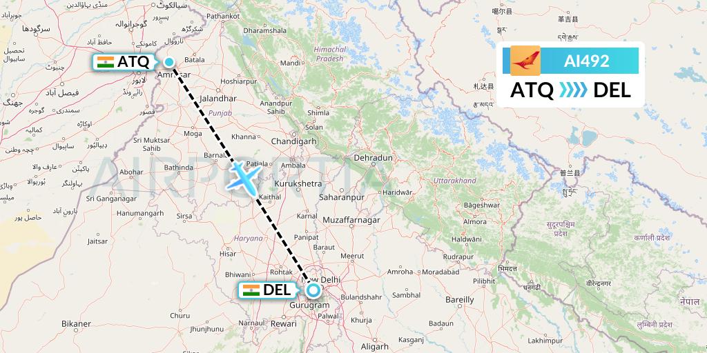 AI492 Air India Flight Map: Amritsar to Delhi