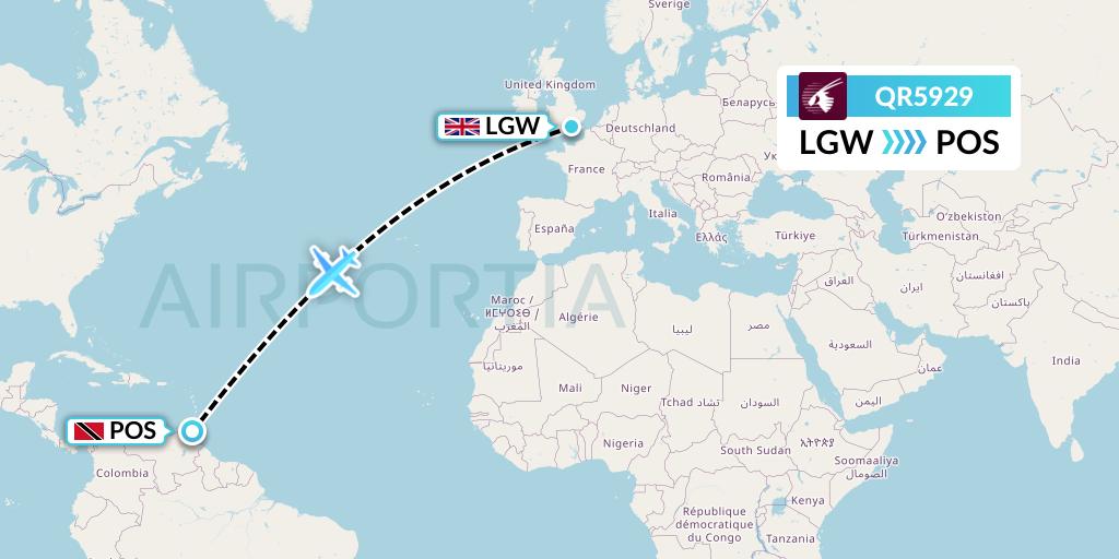 QR5929 Qatar Airways Flight Map: London to Port of Spain
