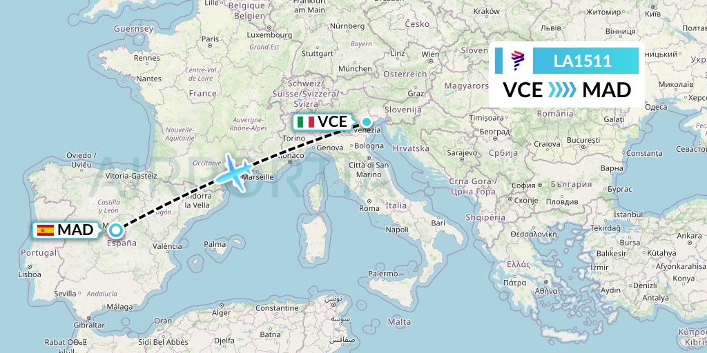 LA1511 LAN Airlines Flight Map: Venice to Madrid