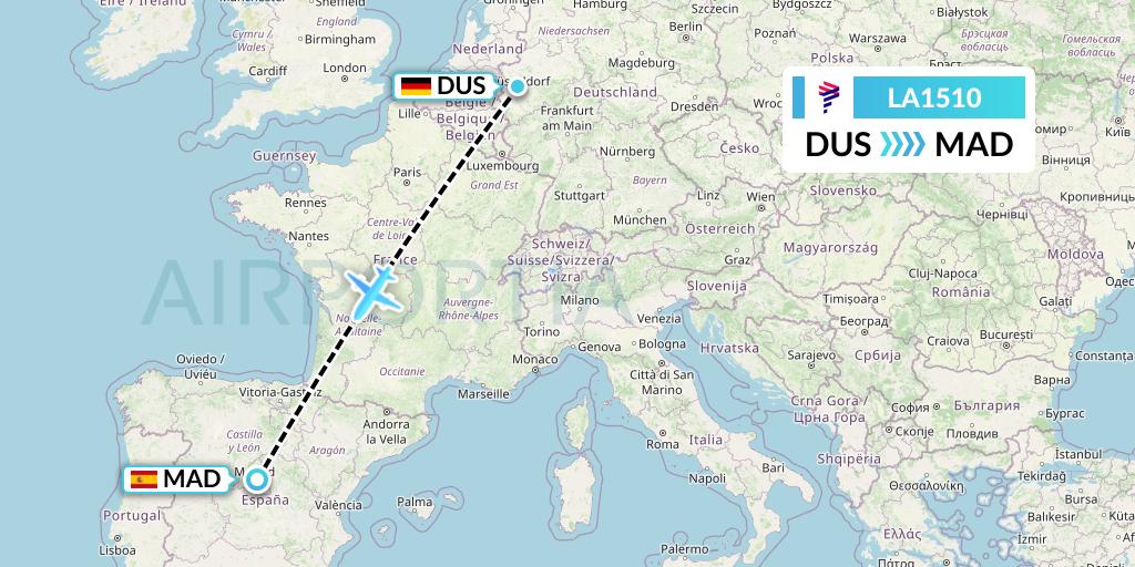 LA1510 LAN Airlines Flight Map: Dusseldorf to Madrid