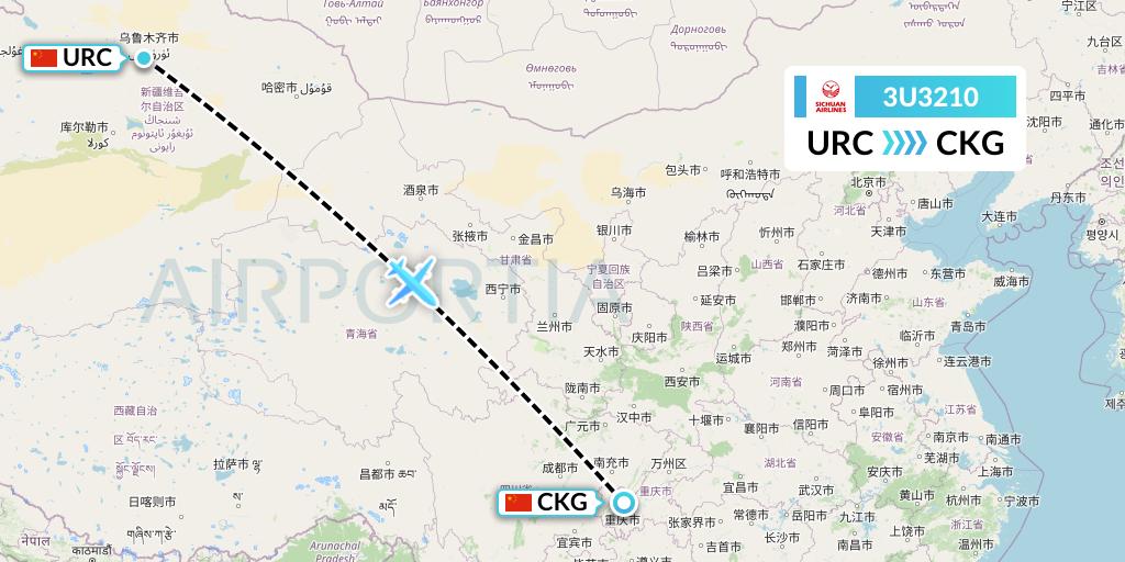 3U3210 Sichuan Airlines Flight Map: Urumqi to Chongqing
