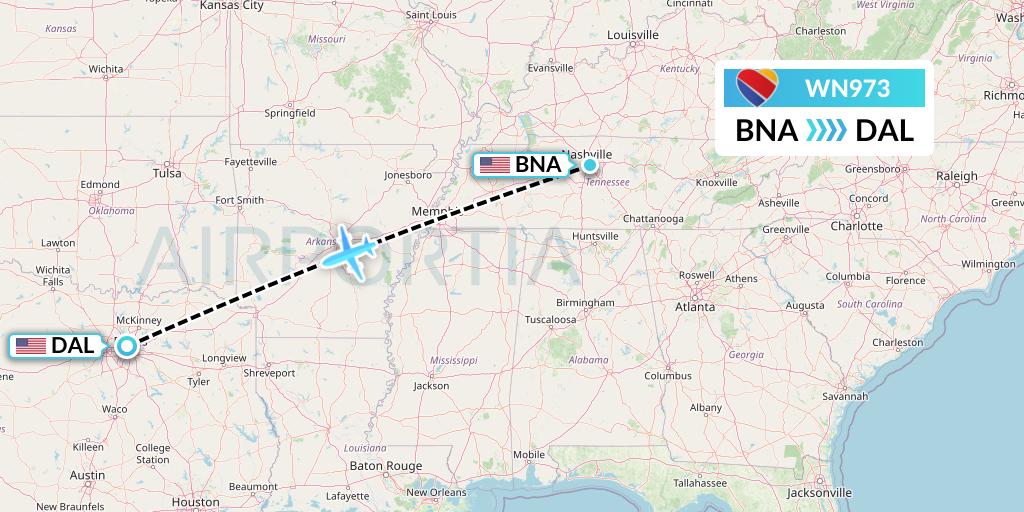 WN973 Southwest Airlines Flight Map: Nashville to Dallas