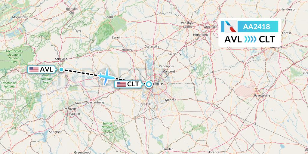 AA2418 American Airlines Flight Map: Asheville to Charlotte
