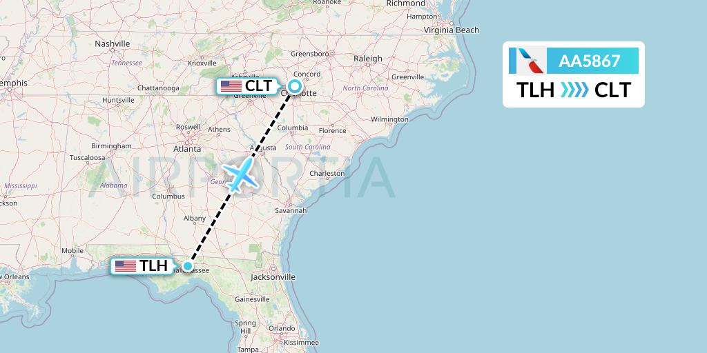 AA5867 American Airlines Flight Map: Tallahassee to Charlotte