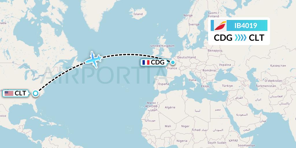 IB4019 Iberia Flight Map: Paris to Charlotte
