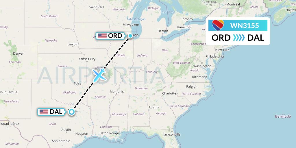 WN3155 Southwest Airlines Flight Map: Chicago to Dallas